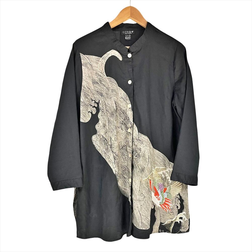 CITRON Santa Monica 100% Linen Embroidered Crane Button-Up Tunic Topper Size 1X